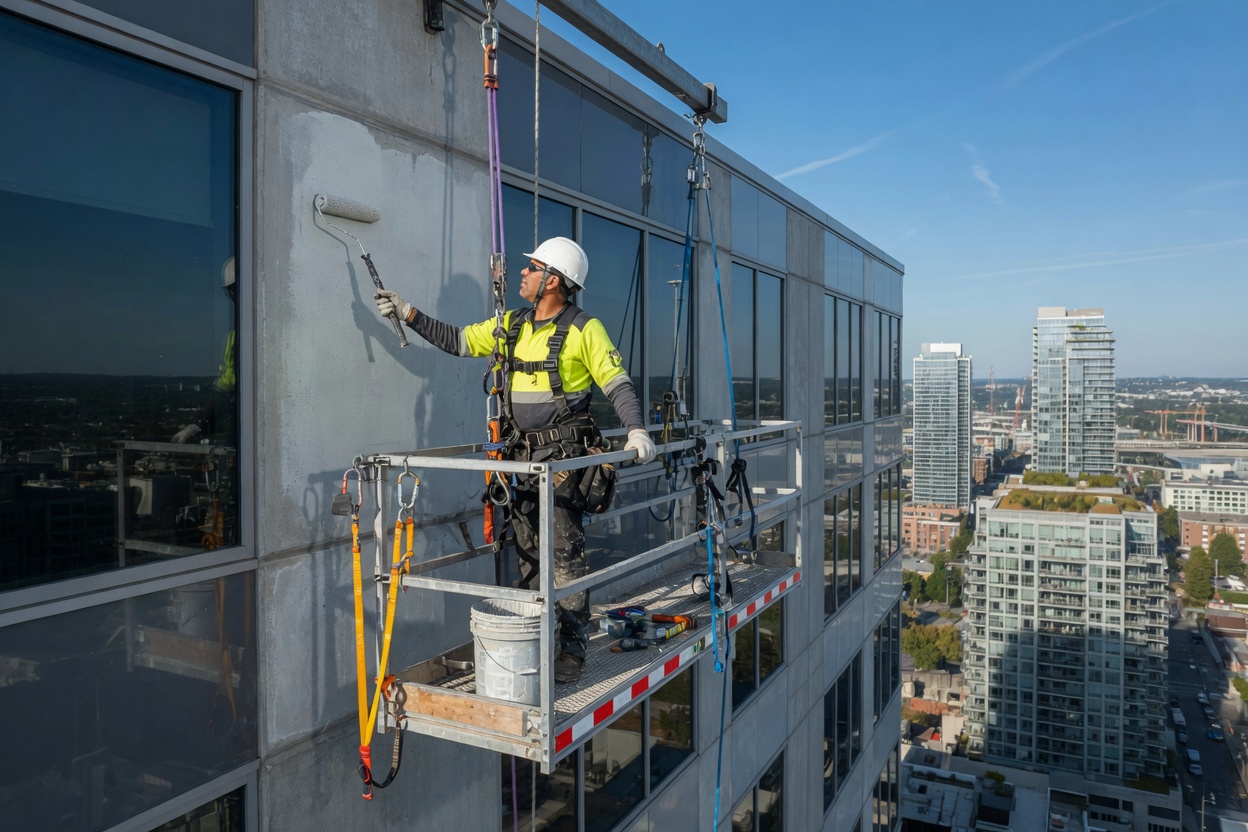 OSHA-compliant at-height painting crew on a commercial high-rise exterior in Atlanta