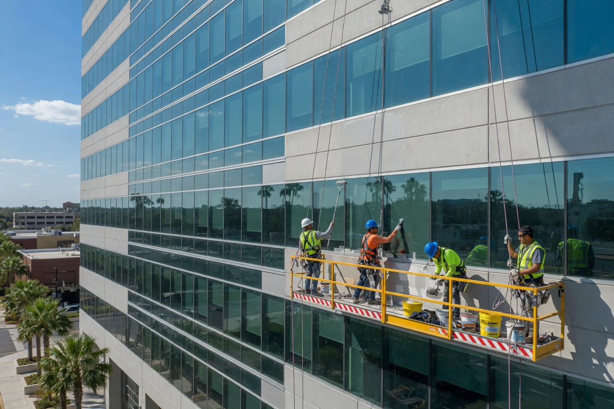 Atlanta commercial high-rise building exterior painting with suspended scaffold access